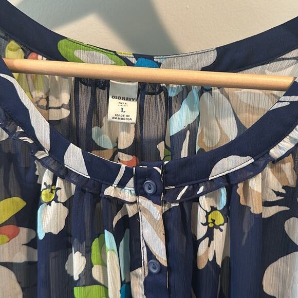 Old Navy Large Navy Blue Floral Semi-Sheer Cinched Blouse Top - Picture 2 of 8